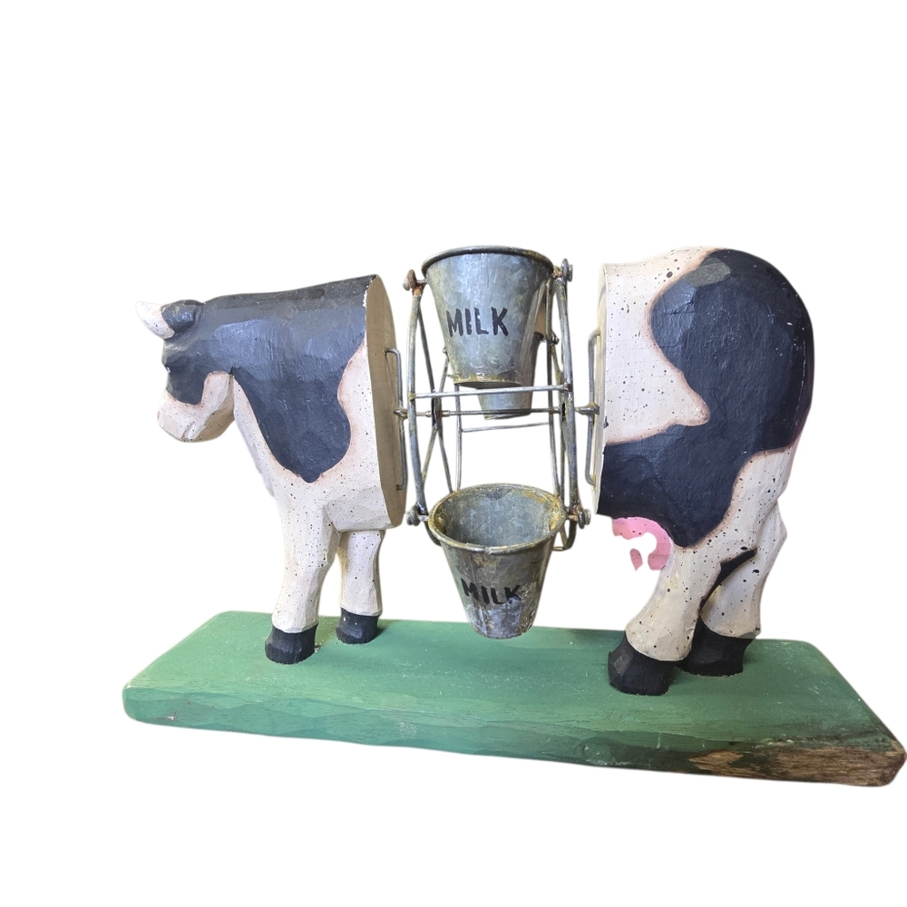 Unique Wooden Rustic Cow With Rotating Milk Cans Country Farm Home Decor
